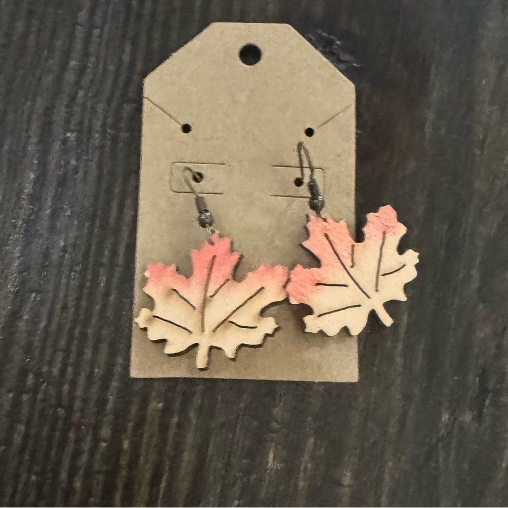 Handmade orange neutral fall leaf wood antique gold earrings NEW